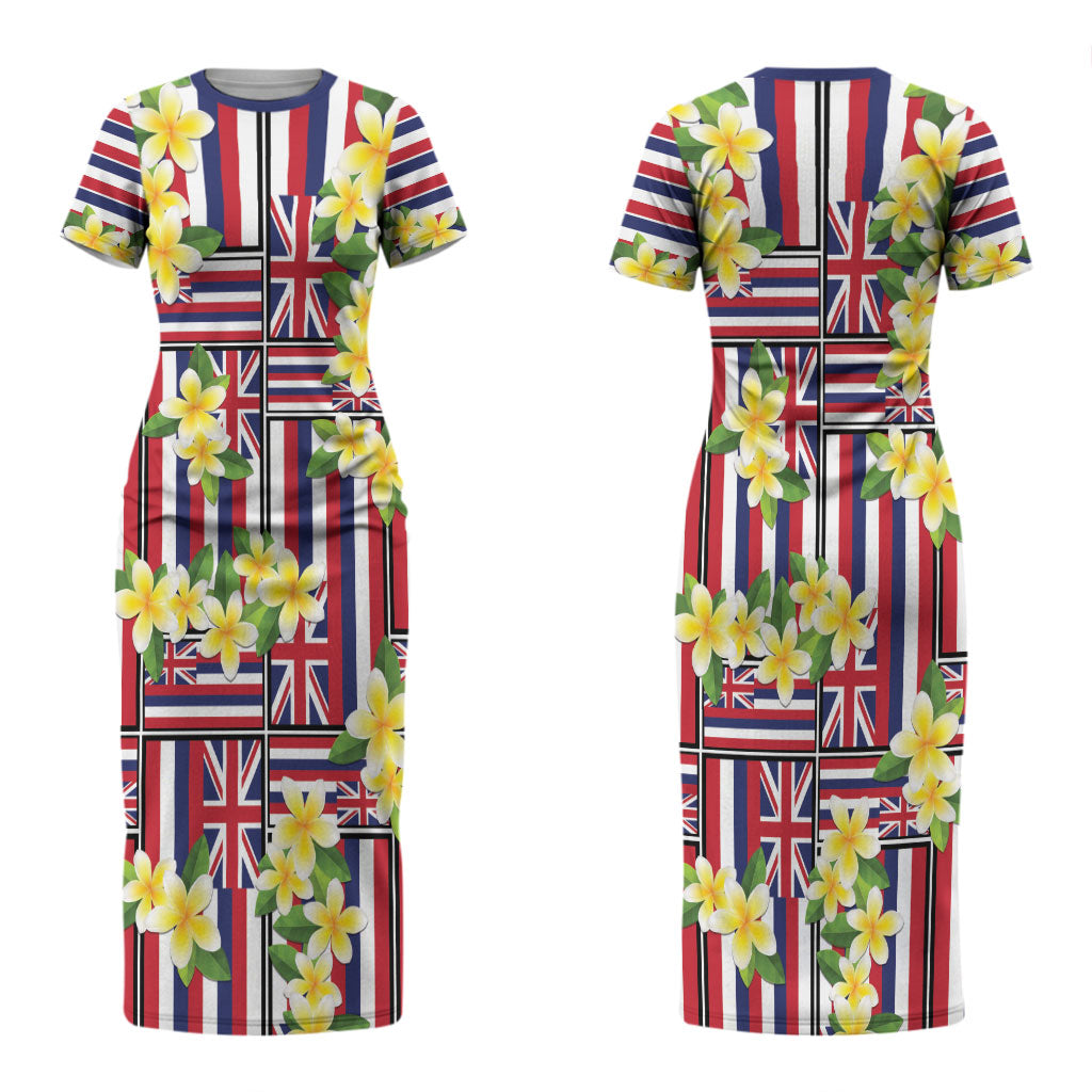 Hawaii Plumeria Lei Couples Matching Short Sleeve Bodycon Dress and Long Sleeve Button Shirt Hawaiian Flag Motif LT9 - Polynesian Pride
