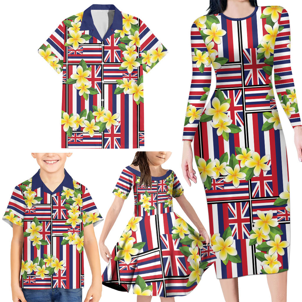 Hawaii Plumeria Lei Family Matching Long Sleeve Bodycon Dress and Hawaiian Shirt Hawaiian Flag Motif