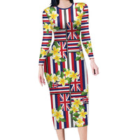 Hawaii Plumeria Lei Family Matching Long Sleeve Bodycon Dress and Hawaiian Shirt Hawaiian Flag Motif LT9 Mom's Dress Red - Polynesian Pride