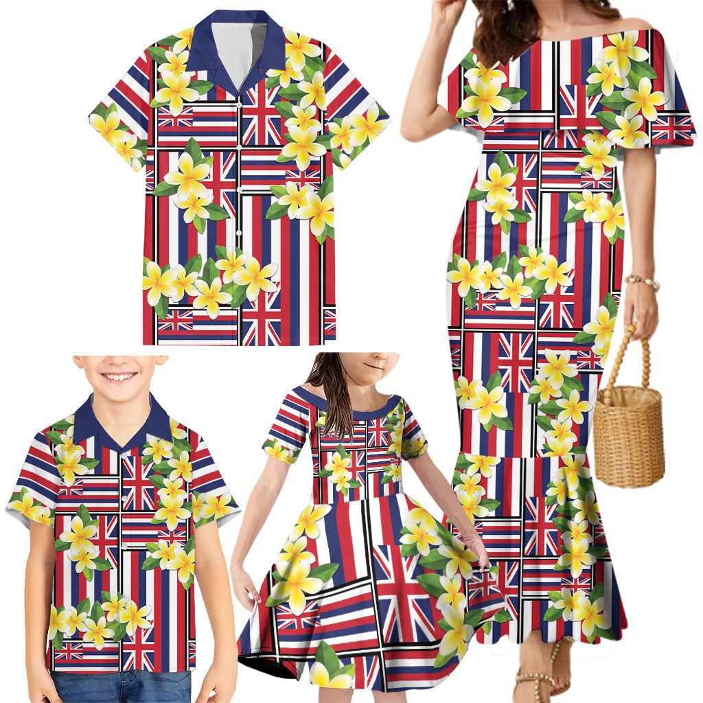 Hawaii Plumeria Lei Family Matching Mermaid Dress and Hawaiian Shirt Hawaiian Flag Motif