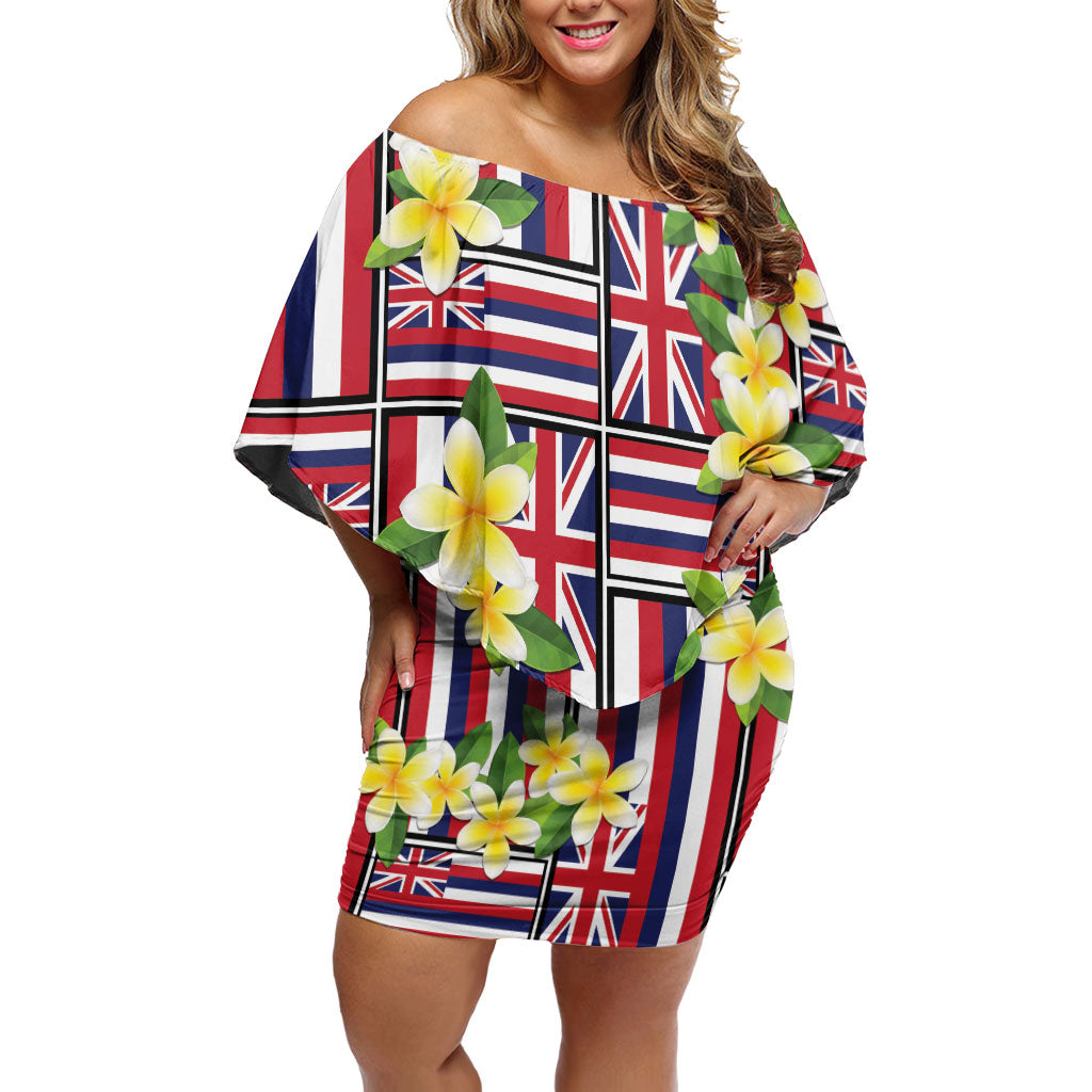 Hawaii Plumeria Lei Family Matching Off Shoulder Short Dress and Hawaiian Shirt Hawaiian Flag Motif LT9 Mom's Dress Red - Polynesian Pride