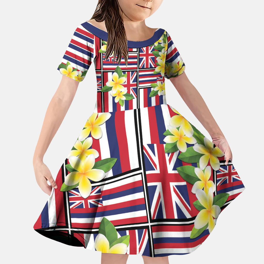 Hawaii Plumeria Lei Family Matching Puletasi and Hawaiian Shirt Hawaiian Flag Motif LT9 Daughter's Dress Red - Polynesian Pride