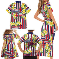 Hawaii Plumeria Lei Family Matching Short Sleeve Bodycon Dress and Hawaiian Shirt Hawaiian Flag Motif LT9 - Polynesian Pride
