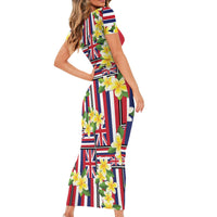Hawaii Plumeria Lei Family Matching Short Sleeve Bodycon Dress and Hawaiian Shirt Hawaiian Flag Motif LT9 - Polynesian Pride