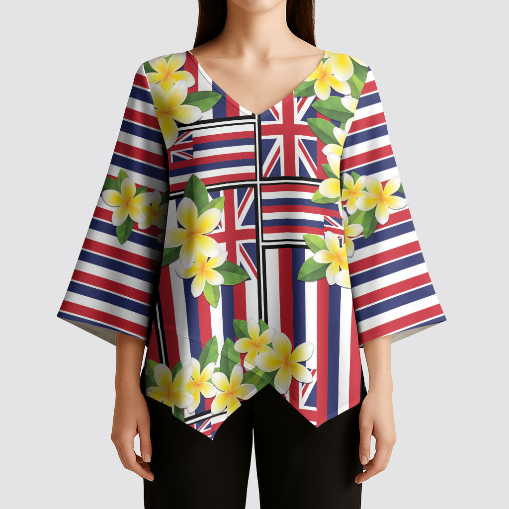 Hawaii Plumeria Lei Kimono Sleeve Blouse Hawaiian Flag Motif