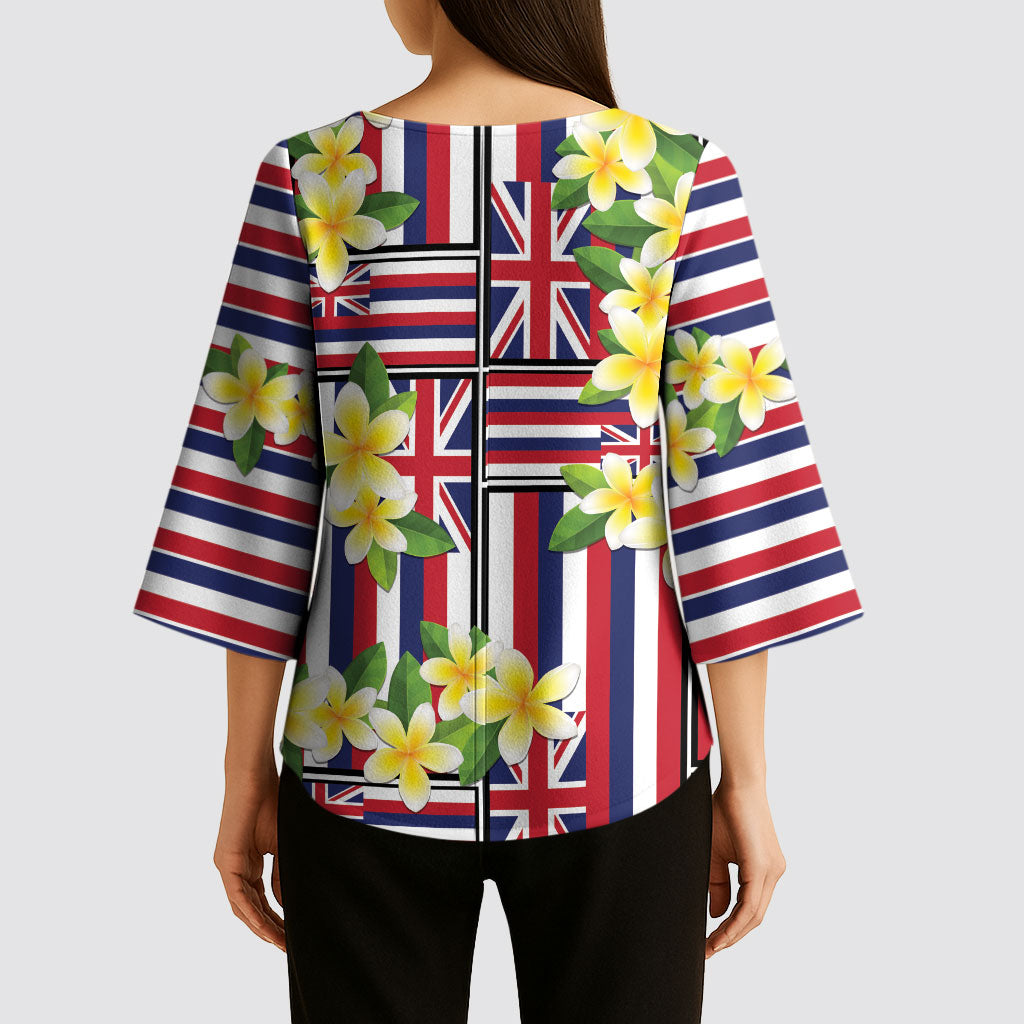Hawaii Plumeria Lei Kimono Sleeve Blouse Hawaiian Flag Motif