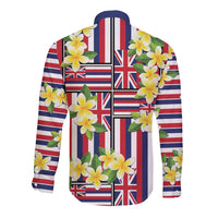Hawaii Plumeria Lei Long Sleeve Button Shirt Hawaiian Flag Motif