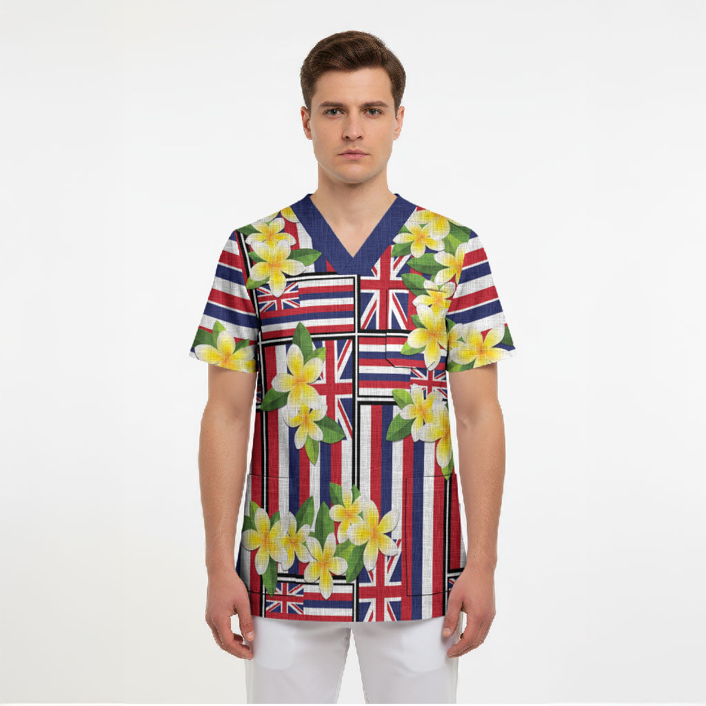 Hawaii Plumeria Lei Scrub Top Hawaiian Flag Motif