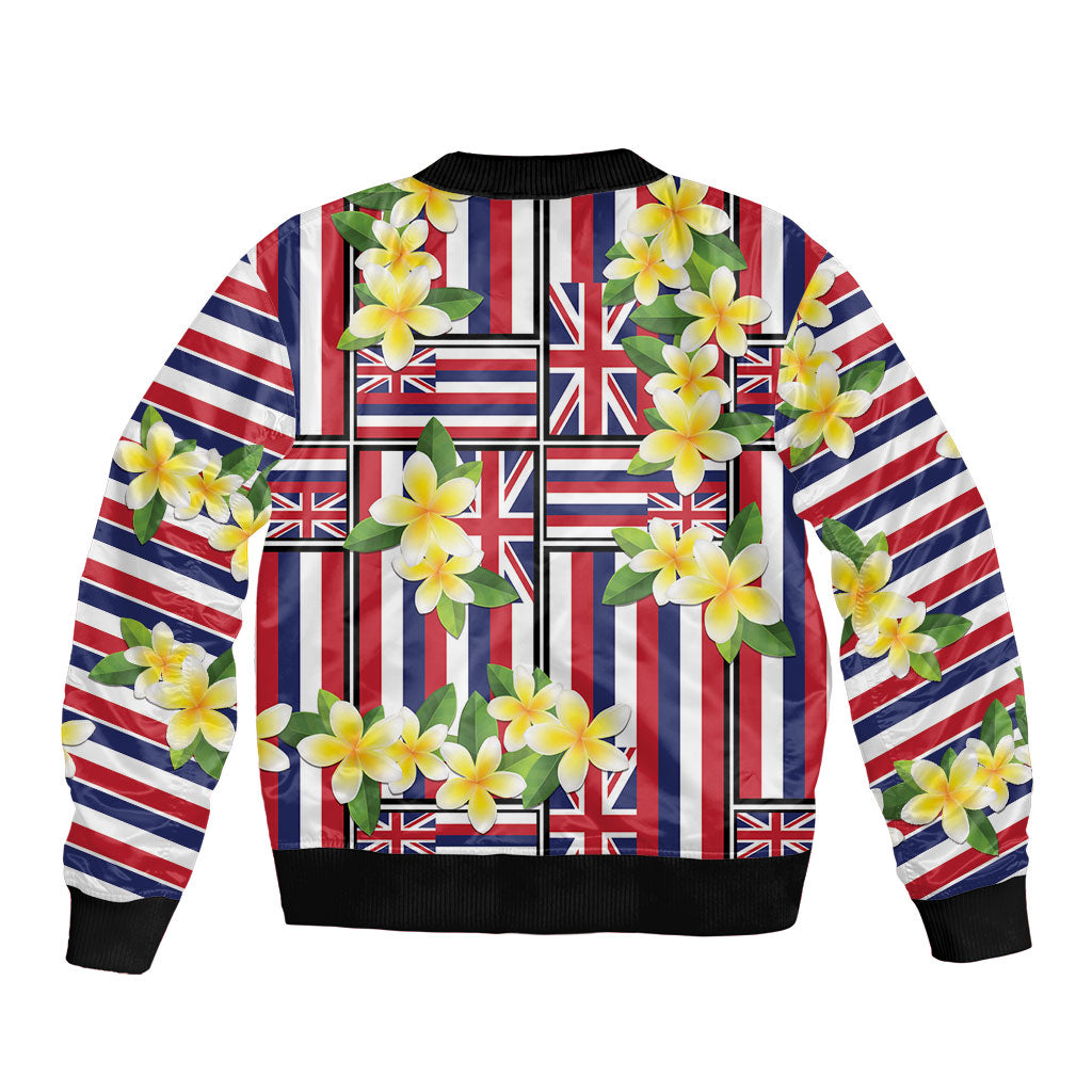 Hawaii Plumeria Lei Sleeve Zip Bomber Jacket Hawaiian Flag Motif