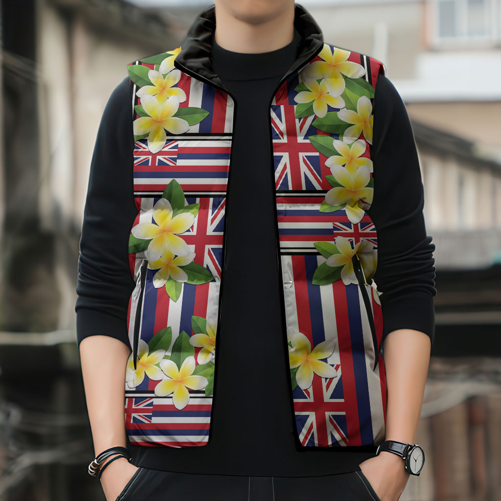 Hawaii Plumeria Lei Sleeveless Puffer Jacket Hawaiian Flag Motif