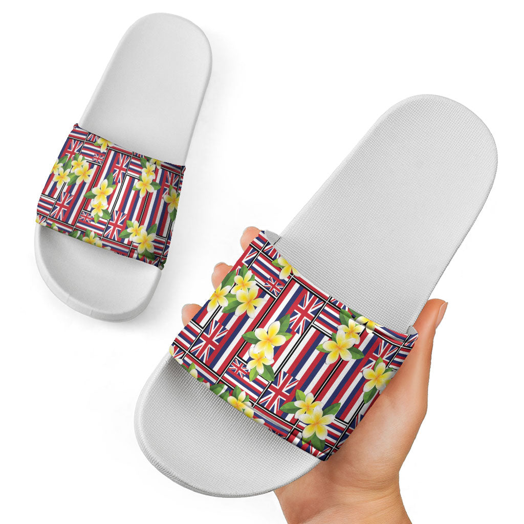 Hawaii Plumeria Lei Slide Sandals Hawaiian Flag Motif