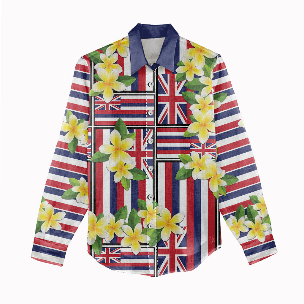 Hawaii Plumeria Lei Women Casual Shirt Hawaiian Flag Motif