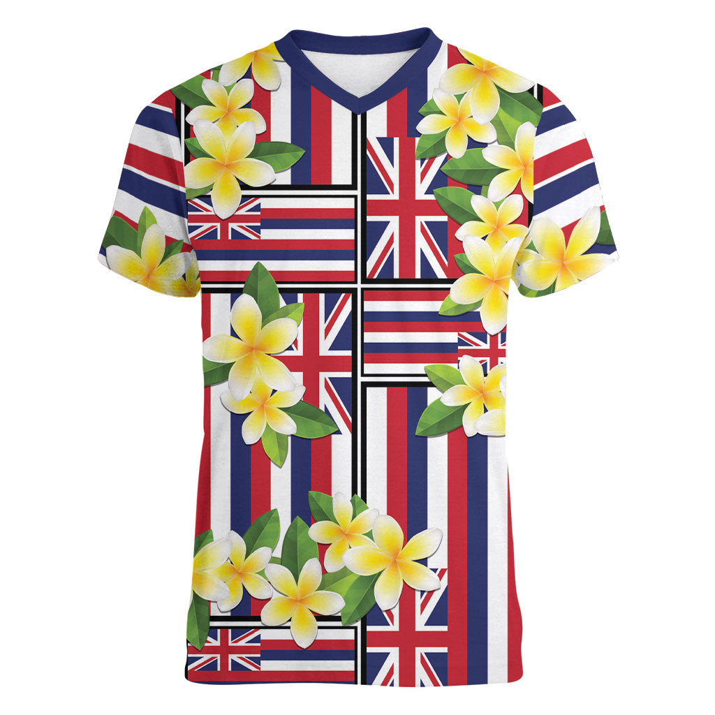 Hawaii Plumeria Lei Women V-Neck T-Shirt Hawaiian Flag Motif