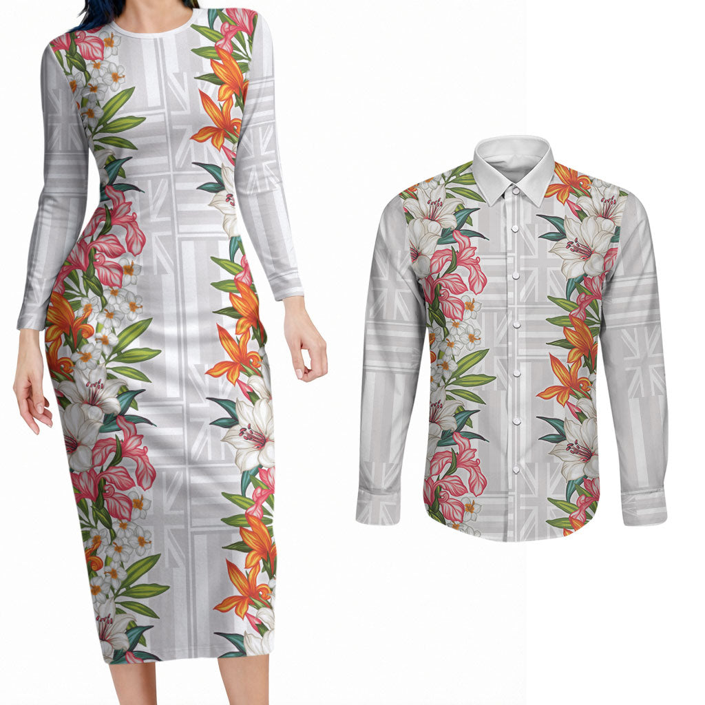 Hawaii Tropical Twist Lei Couples Matching Long Sleeve Bodycon Dress and Long Sleeve Button Shirt Hawaiian Flag Motif LT9 White - Polynesian Pride