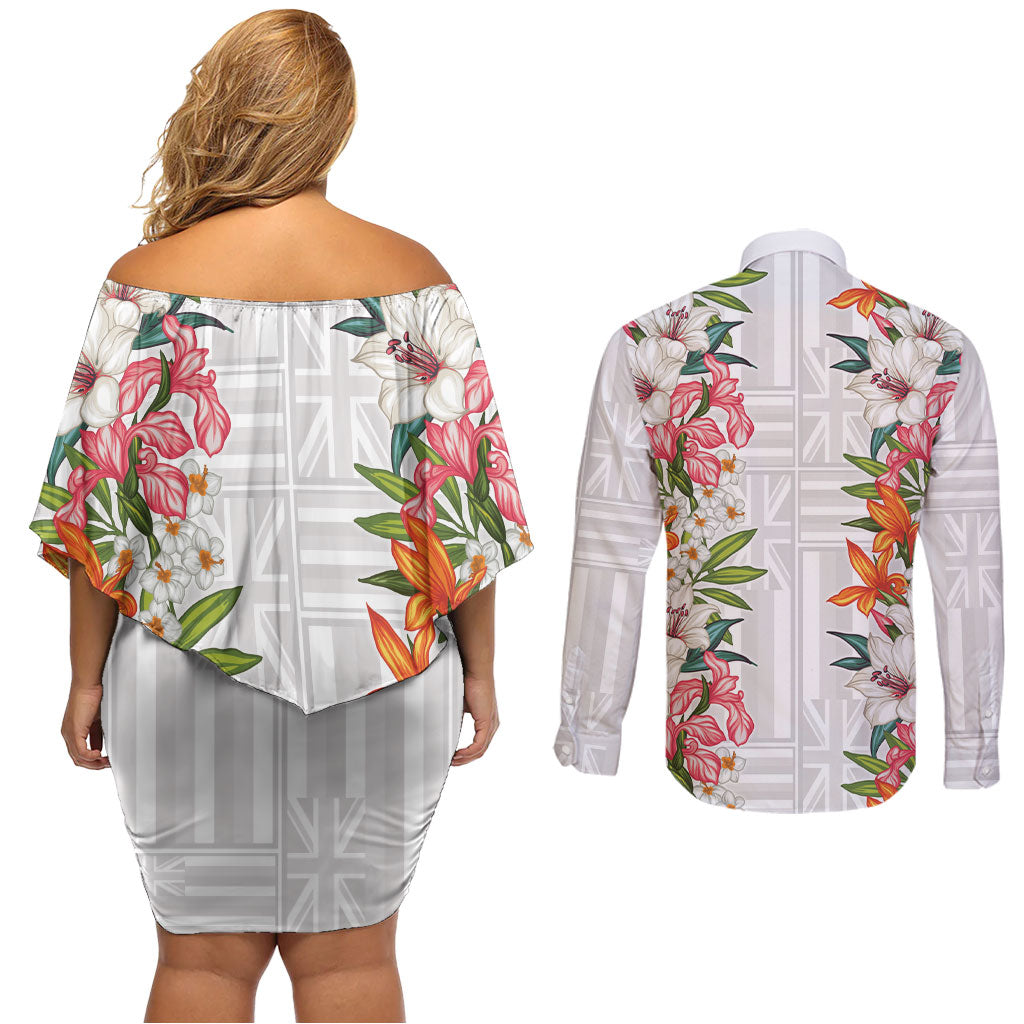 Hawaii Tropical Twist Lei Couples Matching Off Shoulder Short Dress and Long Sleeve Button Shirt Hawaiian Flag Motif