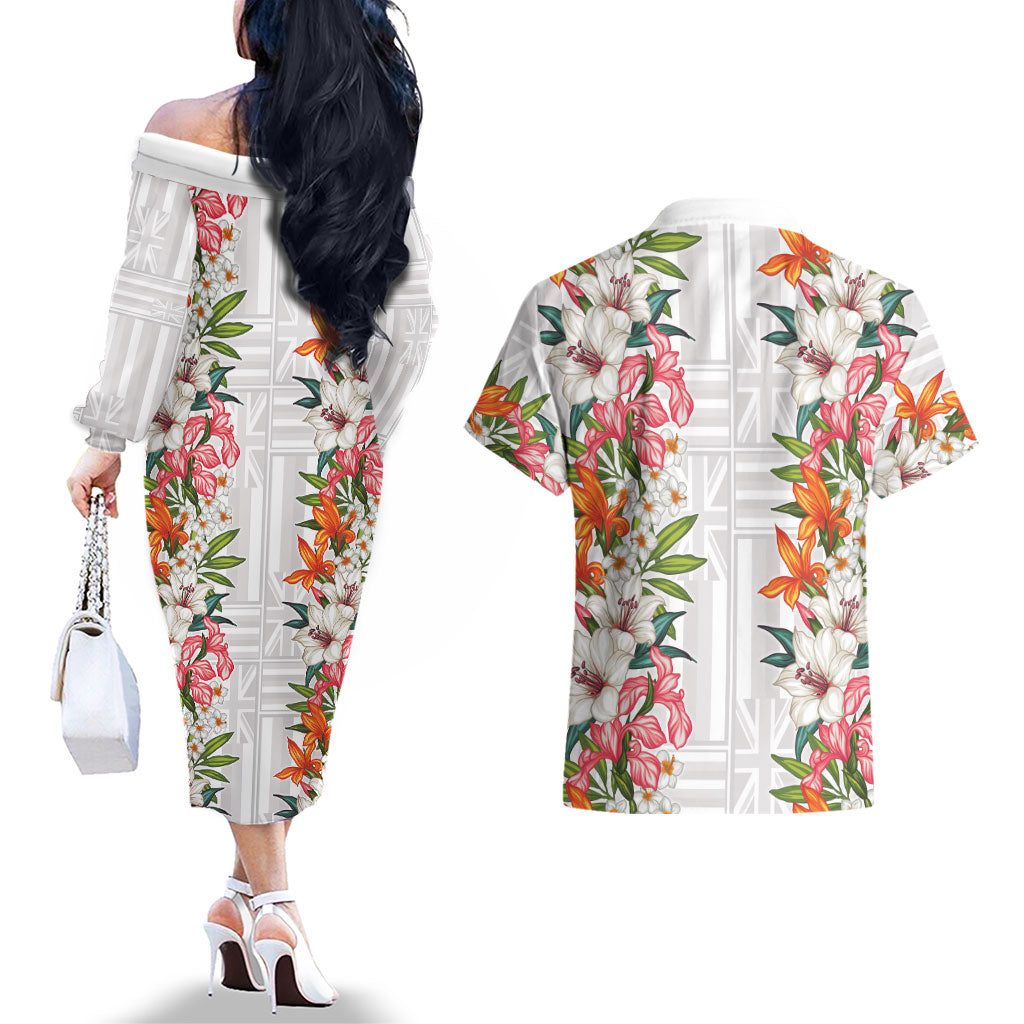 Hawaii Tropical Twist Lei Couples Matching Off The Shoulder Long Sleeve Dress and Hawaiian Shirt Hawaiian Flag Motif LT9 - Polynesian Pride