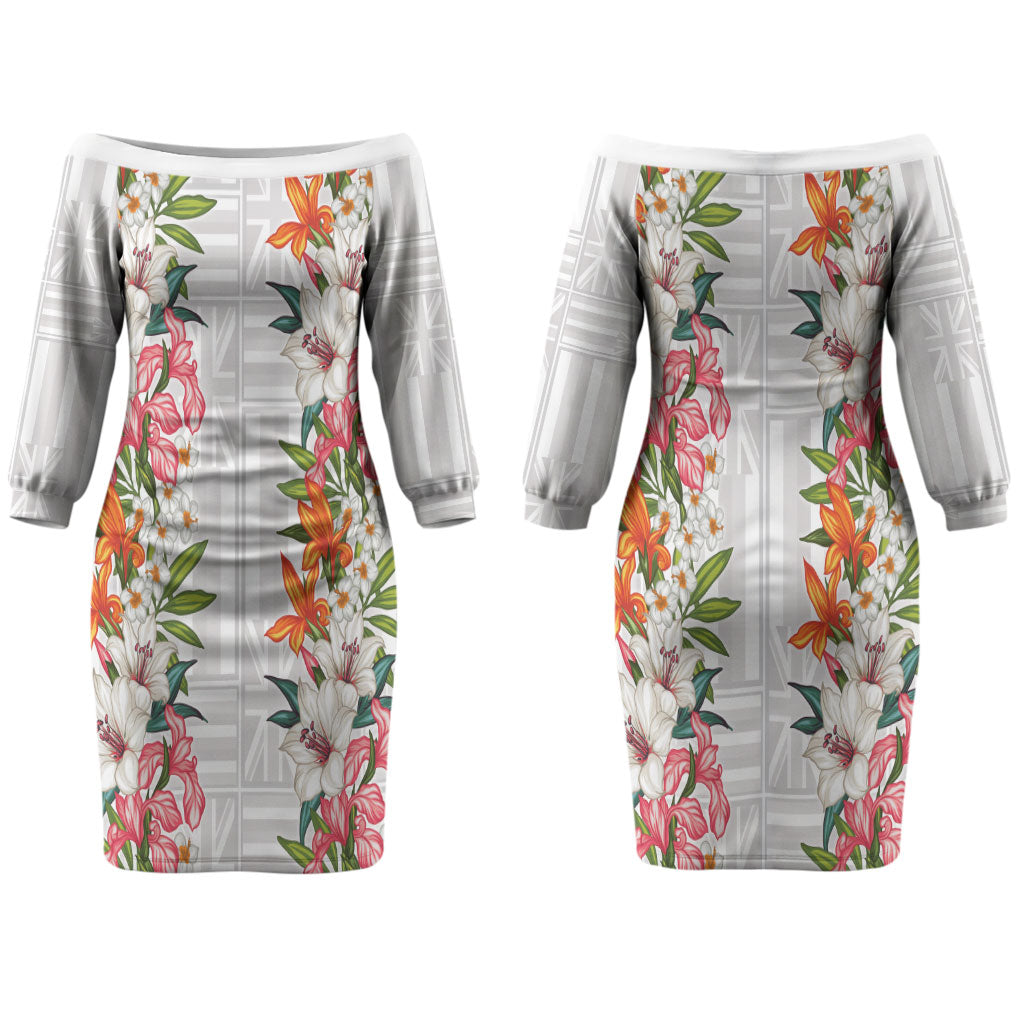 Hawaii Tropical Twist Lei Couples Matching Off The Shoulder Long Sleeve Dress and Long Sleeve Button Shirt Hawaiian Flag Motif LT9 - Polynesian Pride