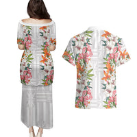 Hawaii Tropical Twist Lei Couples Matching Puletasi and Hawaiian Shirt Hawaiian Flag Motif