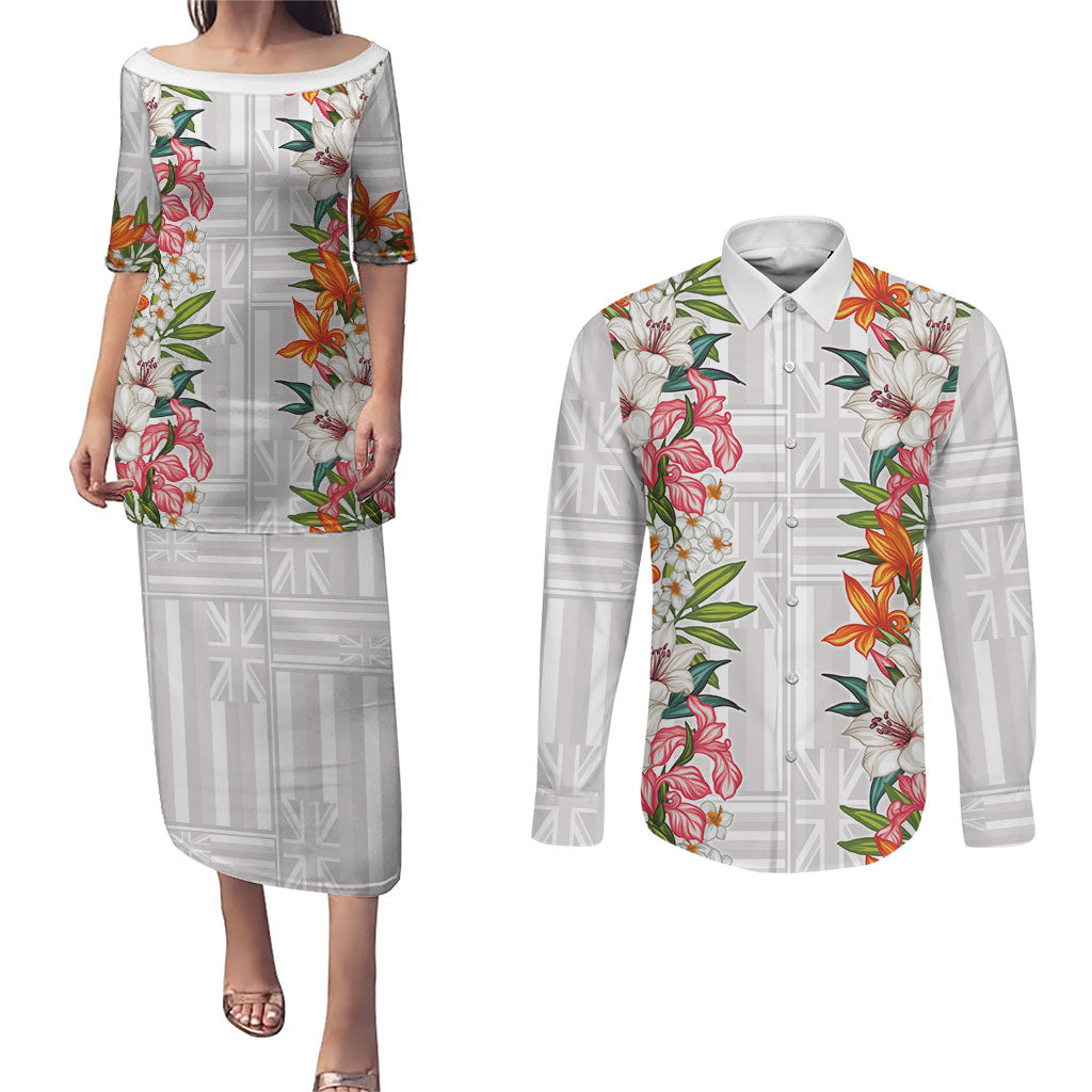Hawaii Tropical Twist Lei Couples Matching Puletasi and Long Sleeve Button Shirt Hawaiian Flag Motif