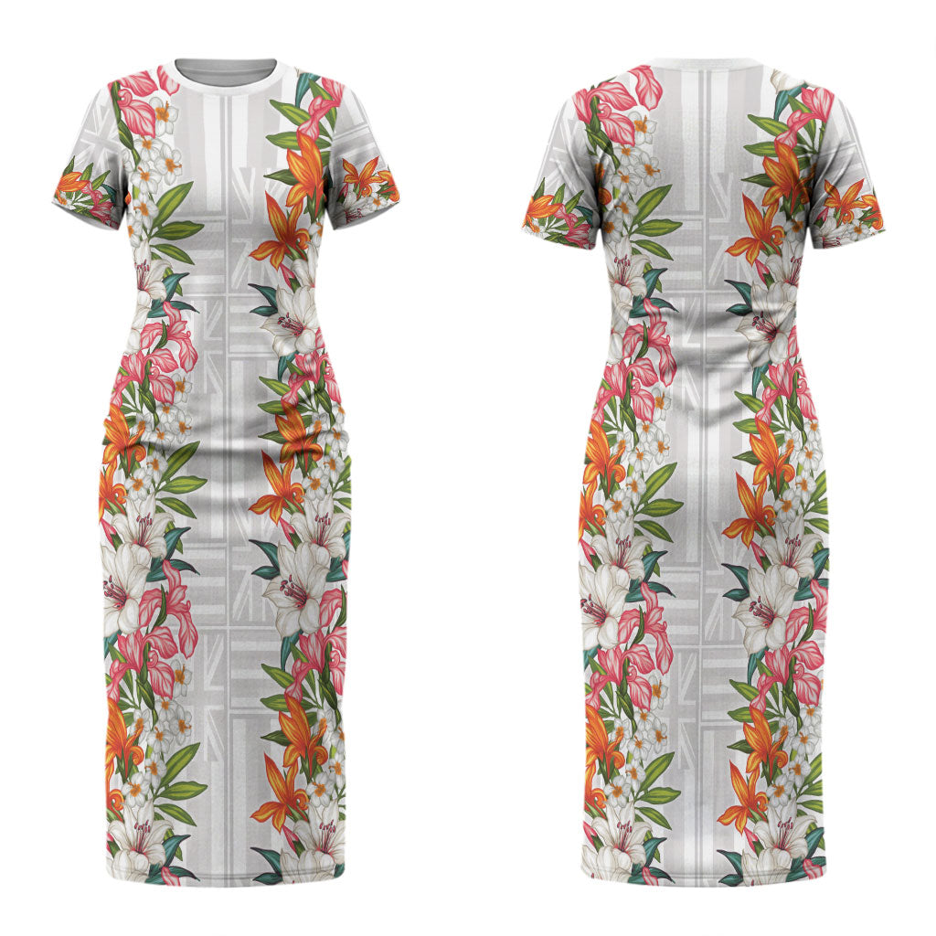 Hawaii Tropical Twist Lei Couples Matching Short Sleeve Bodycon Dress and Long Sleeve Button Shirt Hawaiian Flag Motif LT9 - Polynesian Pride