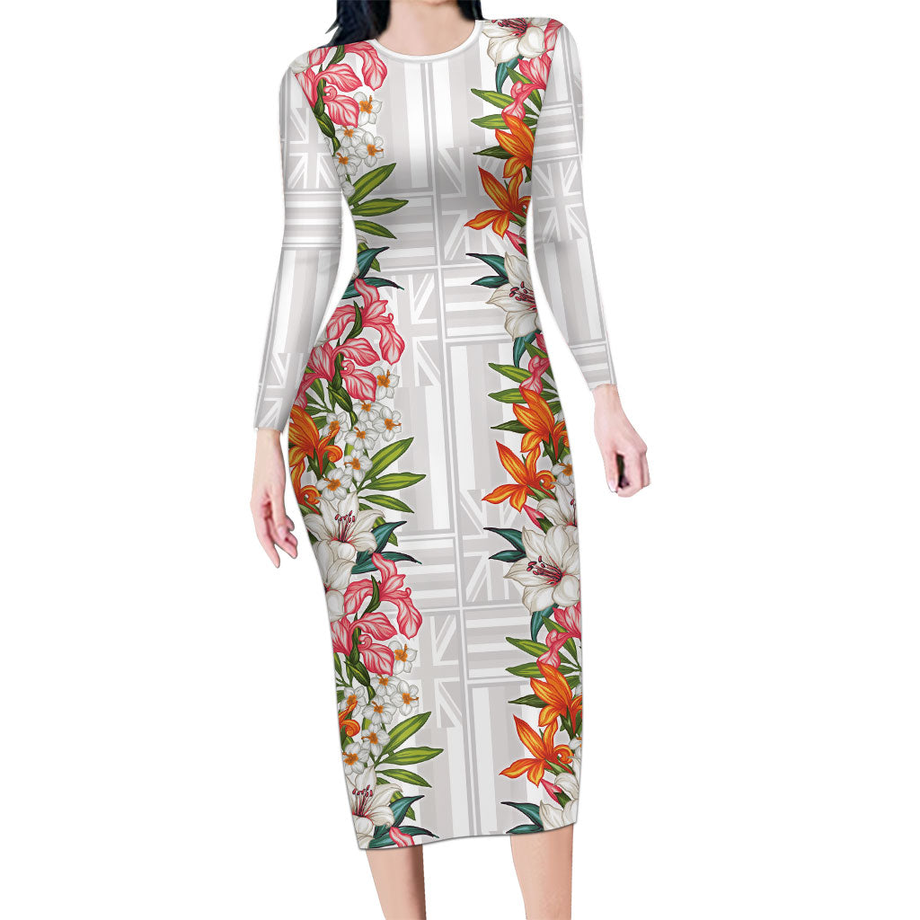 Hawaii Tropical Twist Lei Family Matching Long Sleeve Bodycon Dress and Hawaiian Shirt Hawaiian Flag Motif LT9 Mom's Dress White - Polynesian Pride