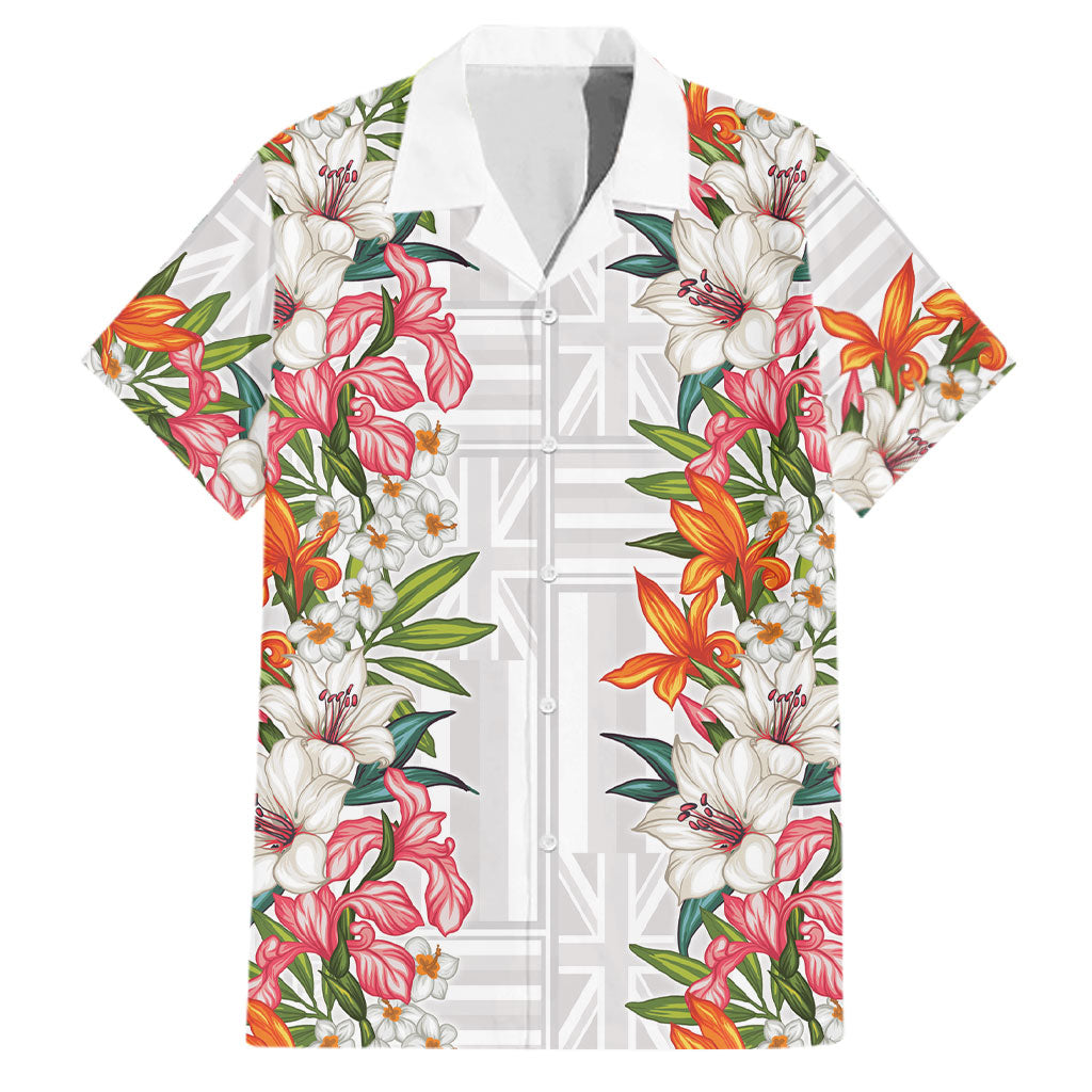 Hawaii Tropical Twist Lei Family Matching Off Shoulder Maxi Dress and Hawaiian Shirt Hawaiian Flag Motif LT9 Dad's Shirt - Short Sleeve White - Polynesian Pride