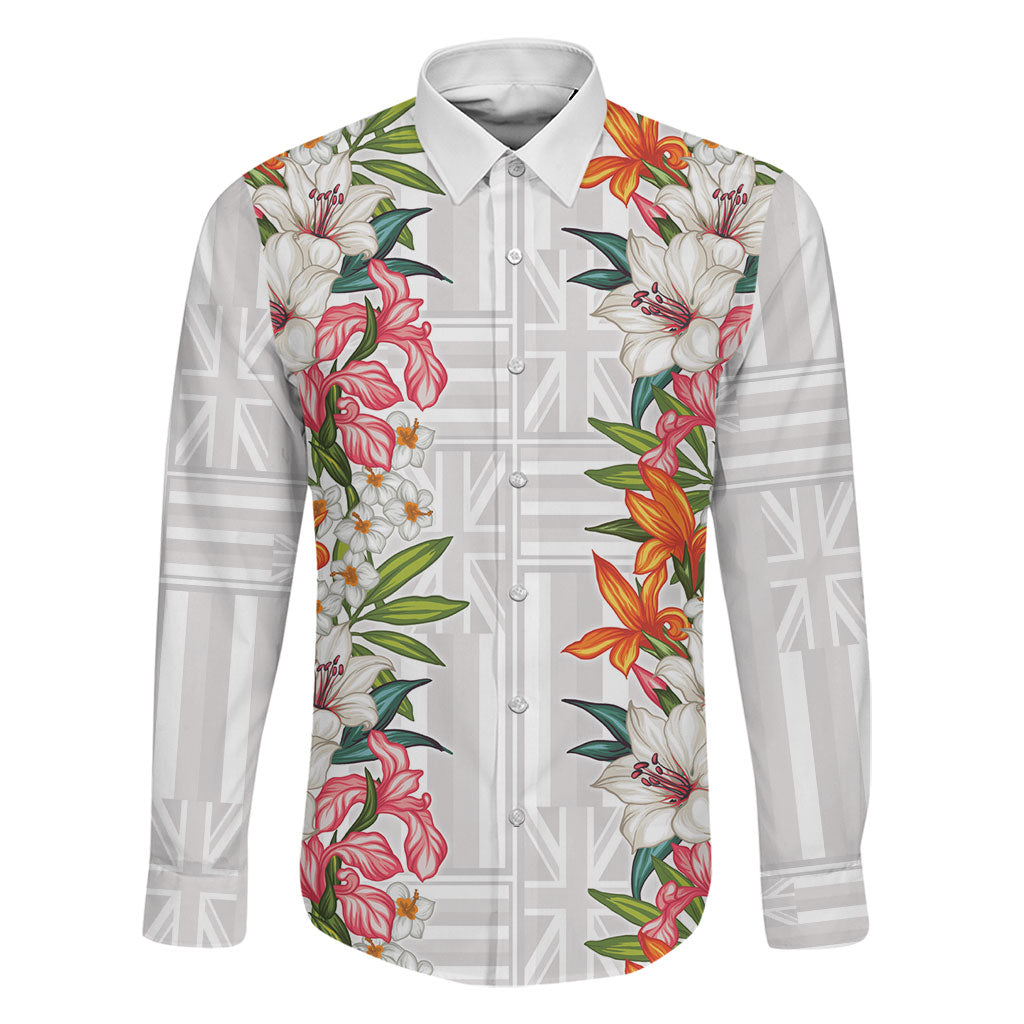 Hawaii Tropical Twist Lei Family Matching Off Shoulder Maxi Dress and Hawaiian Shirt Hawaiian Flag Motif LT9 Dad's Shirt - Long Sleeve White - Polynesian Pride