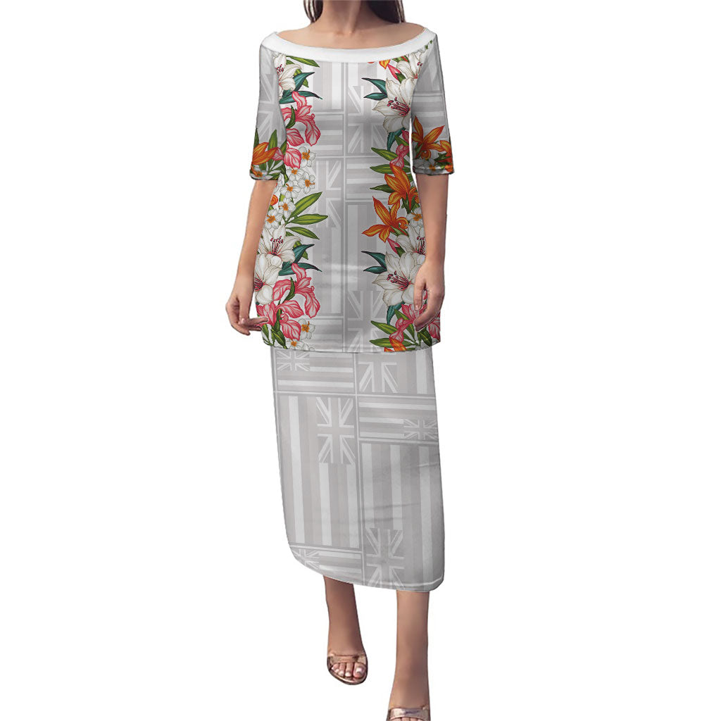 Hawaii Tropical Twist Lei Family Matching Puletasi and Hawaiian Shirt Hawaiian Flag Motif LT9 Mom's Dress White - Polynesian Pride
