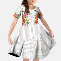 Hawaii Tropical Twist Lei Family Matching Short Sleeve Bodycon Dress and Hawaiian Shirt Hawaiian Flag Motif LT9 Daughter's Dress White - Polynesian Pride