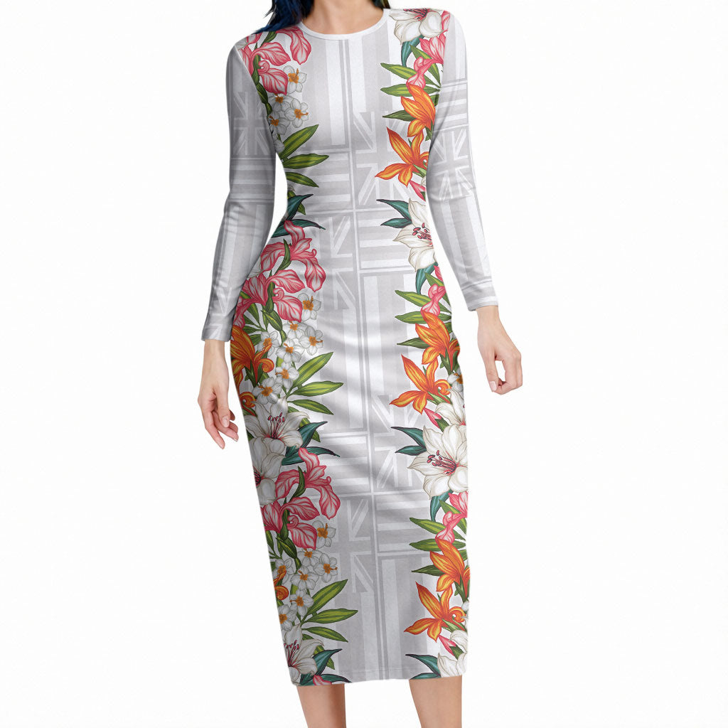 Hawaii Tropical Twist Lei Long Sleeve Bodycon Dress Hawaiian Flag Motif LT9 Long Dress White - Polynesian Pride