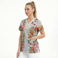 Hawaii Tropical Twist Lei Scrub Top Hawaiian Flag Motif