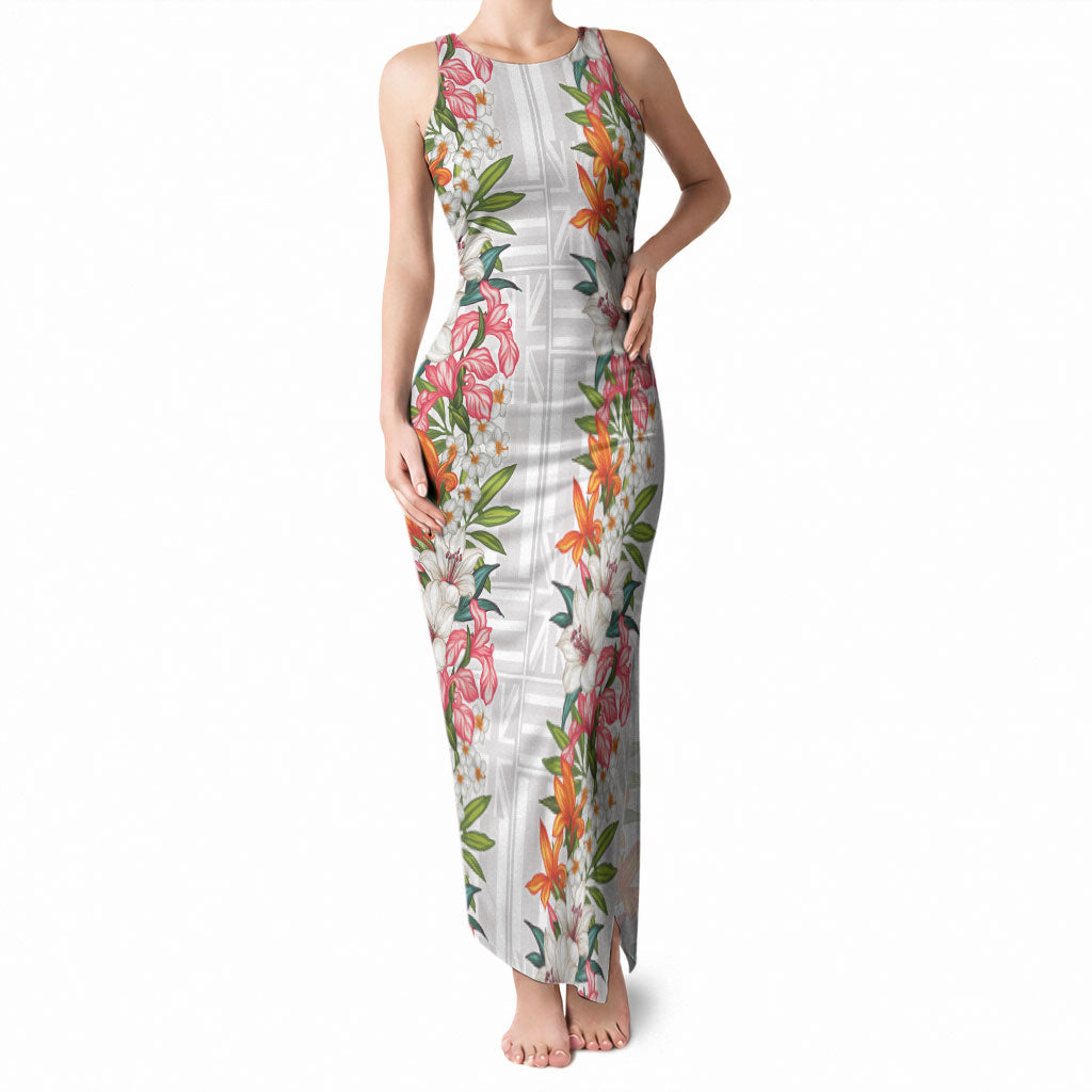 Hawaii Tropical Twist Lei Tank Maxi Dress Hawaiian Flag Motif LT9 Women White - Polynesian Pride