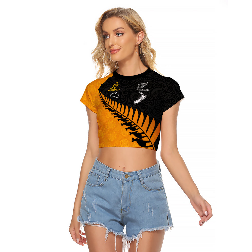 Australia Wallabies and Aotearoa Rugby Raglan Cropped T Shirt Kangaroo Black Fern Maori Gold Vibe LT9 Female Gold - Polynesian Pride