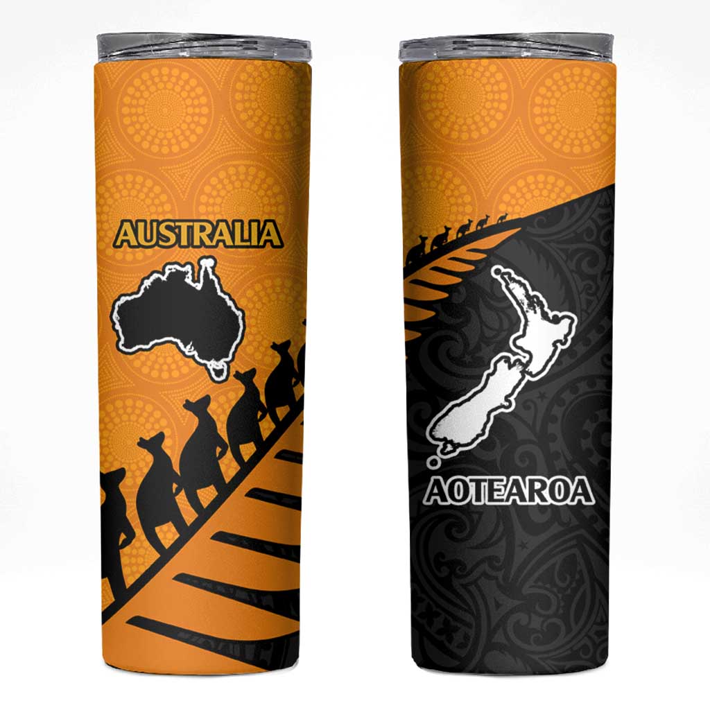 Australia New Zealand Rugby Skinny Tumbler Aboriginal Wallabies and Maori Black Fern Gold Vibe LT9 Gold - Polynesian Pride