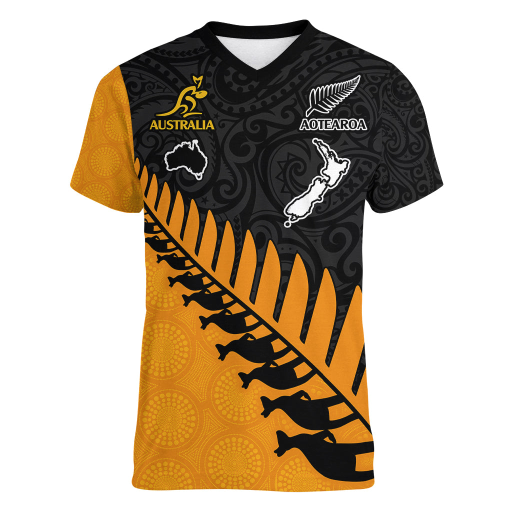 Australia Wallabies and Aotearoa Rugby Women V Neck T Shirt Kangaroo Black Fern Maori Gold Vibe LT9 Female Gold - Polynesian Pride