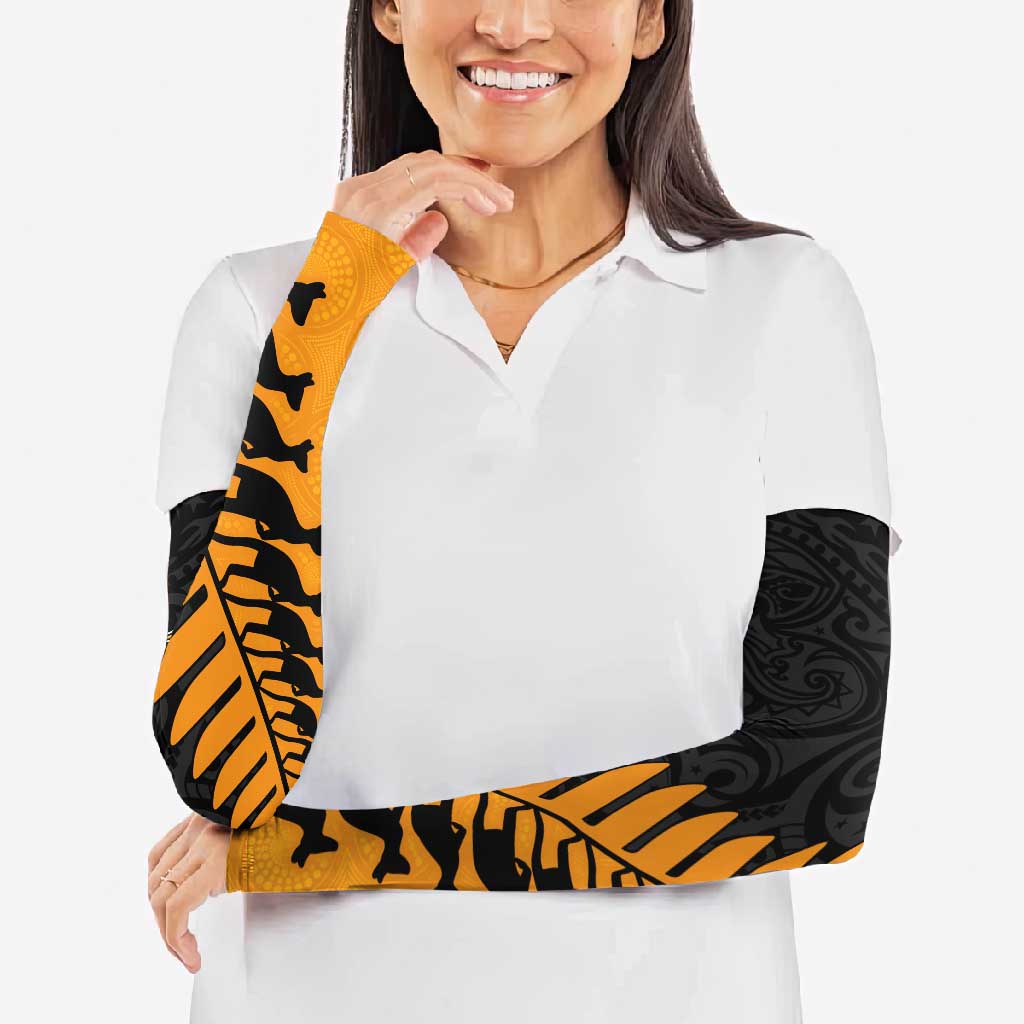 Australia New Zealand Rugby Arm Sleeves Gold Aboriginal Wallabies and Maori Black Fern - Polynesian Pride