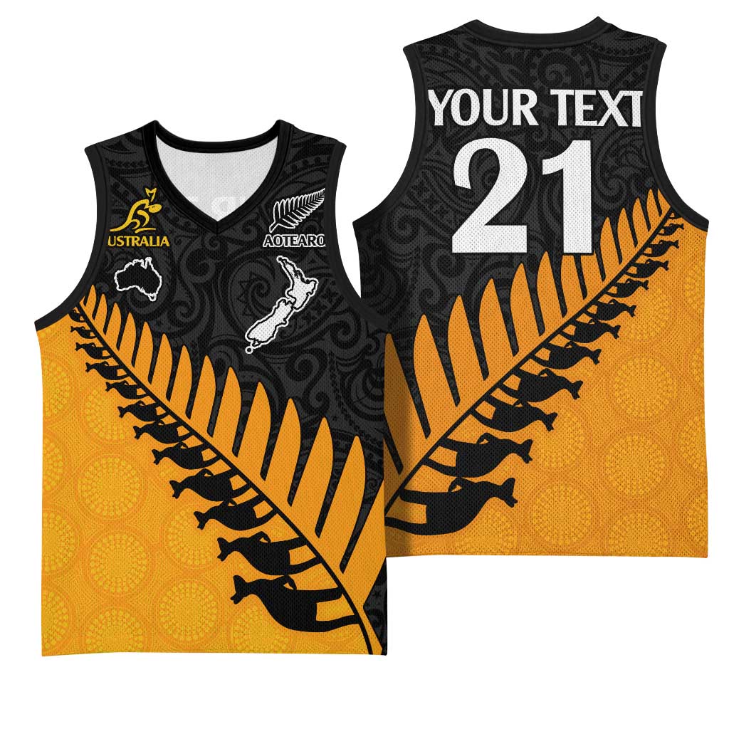 Australia New Zealand Rugby Basketball Jersey Gold Aboriginal Wallabies and Maori Black Fern - Polynesian Pride