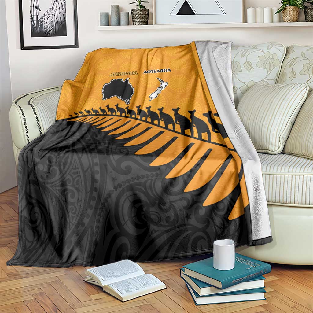 Australia New Zealand Rugby Blanket Gold Aboriginal Wallabies and Maori Black Fern - Polynesian Pride