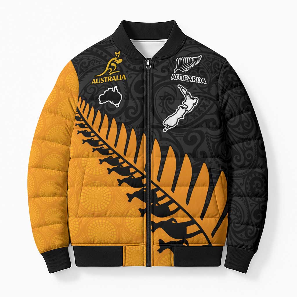 Australia New Zealand Rugby Bomber Puffer Jacket Gold Aboriginal Wallabies and Maori Black Fern - Polynesian Pride