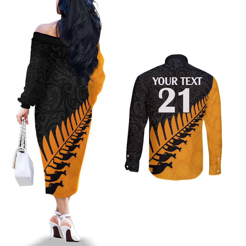 Custom Australia Wallabies and Aotearoa Rugby Couples Matching Off The Shoulder Long Sleeve Dress and Long Sleeve Button Shirts Kangaroo Black Fern Maori Gold Vibe LT9 - Polynesian Pride