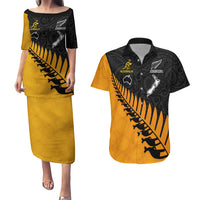 Custom Australia Wallabies and Aotearoa Rugby Couples Matching Puletasi Dress and Hawaiian Shirt Kangaroo Black Fern Maori Gold Vibe LT9 Gold - Polynesian Pride