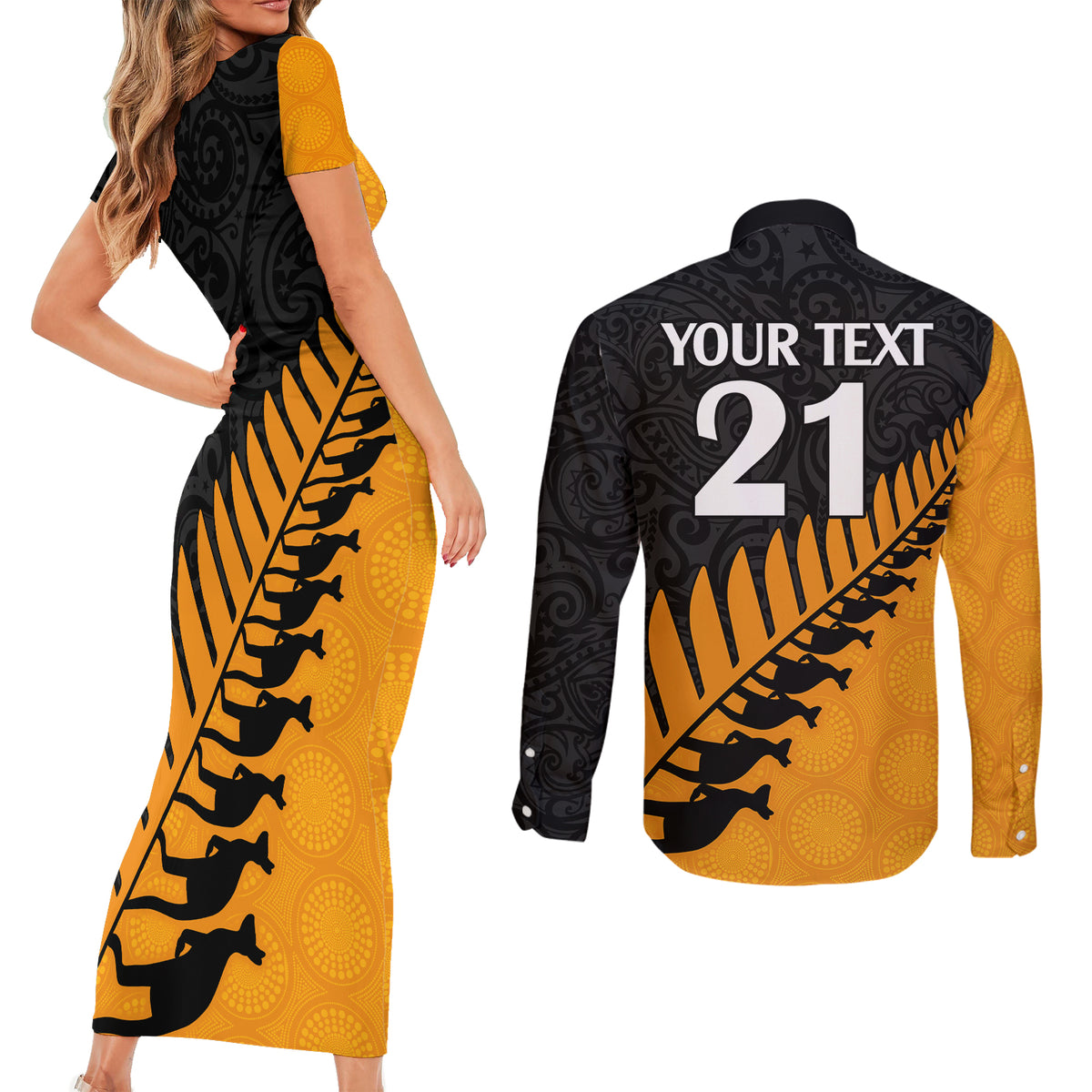Custom Australia Wallabies and Aotearoa Rugby Couples Matching Short Sleeve Bodycon Dress and Long Sleeve Button Shirts Kangaroo Black Fern Maori Gold Vibe LT9 - Polynesian Pride