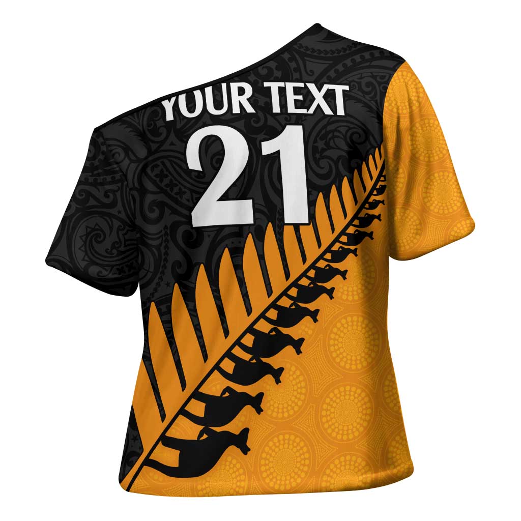 Australia New Zealand Rugby Cross Shoulder Shirt Gold Aboriginal Wallabies and Maori Black Fern - Polynesian Pride