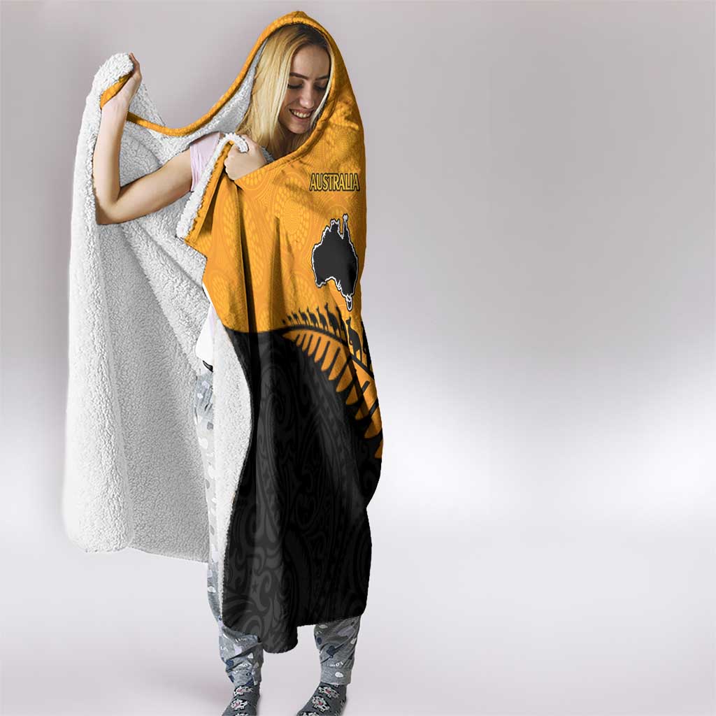 Australia New Zealand Rugby Hooded Blanket Gold Aboriginal Wallabies and Maori Black Fern - Polynesian Pride
