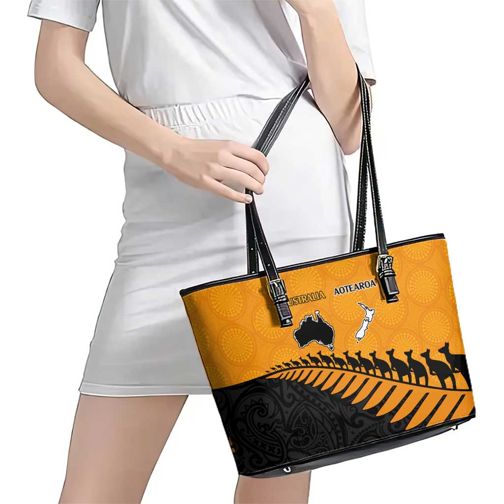 Australia New Zealand Rugby Leather Tote Bag Gold Aboriginal Wallabies and Maori Black Fern - Polynesian Pride