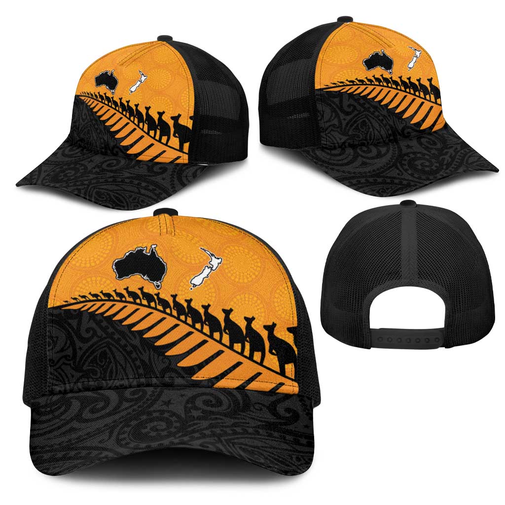 Australia New Zealand Rugby Mesh Trucker Cap Gold Aboriginal Wallabies and Maori Black Fern - Polynesian Pride