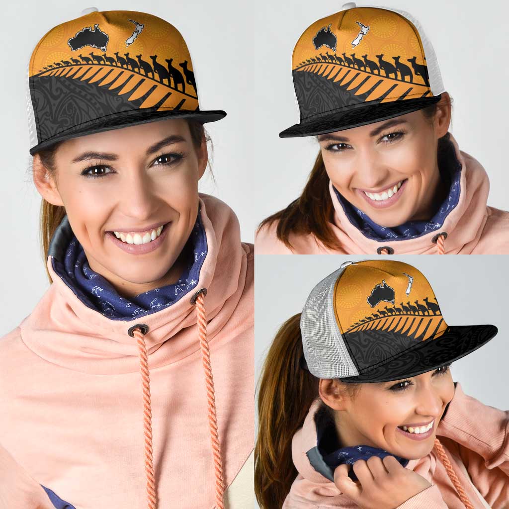 Australia New Zealand Rugby Mesh Trucker Cap Gold Aboriginal Wallabies and Maori Black Fern - Polynesian Pride