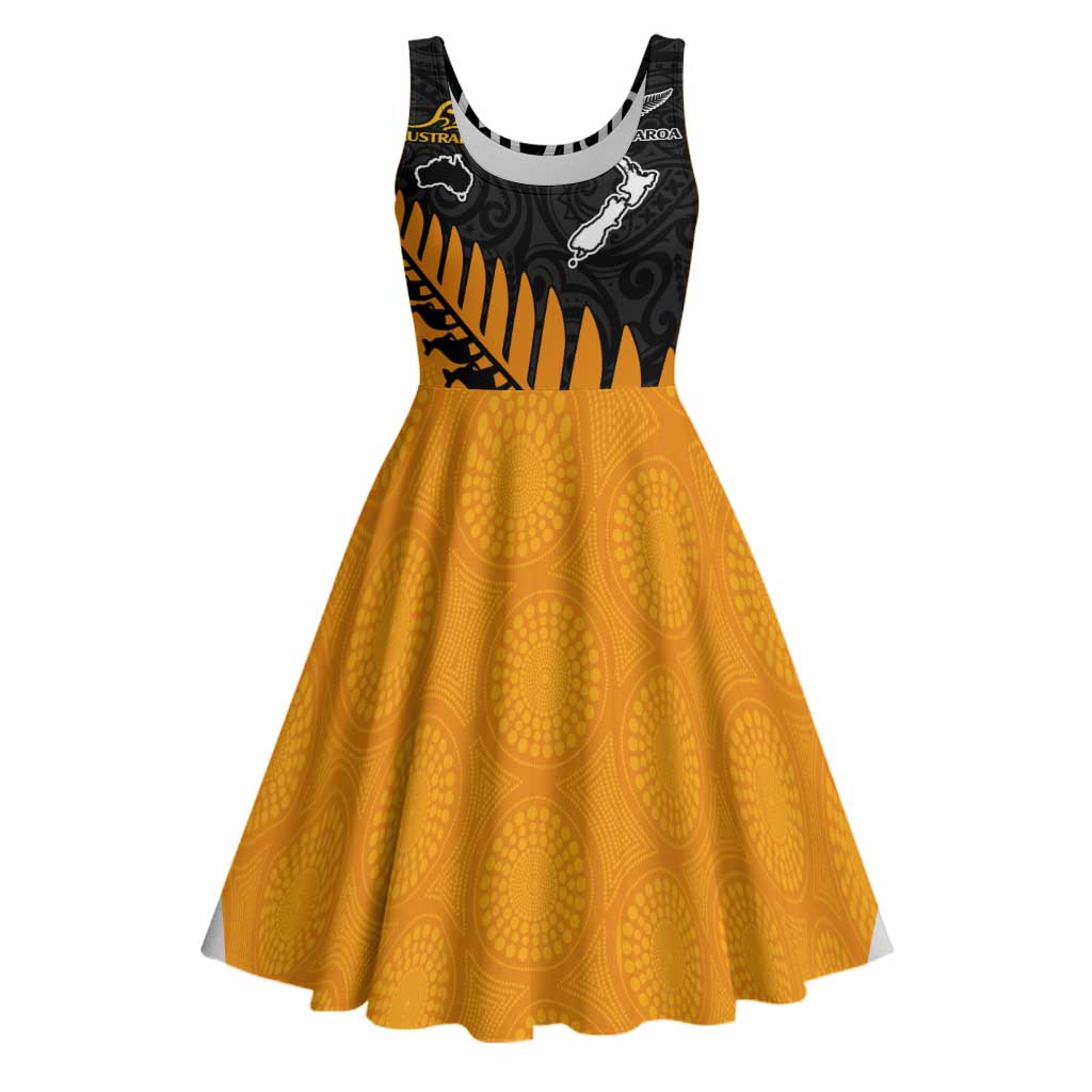 Australia New Zealand Rugby Midi Dress Gold Aboriginal Wallabies and Maori Black Fern - Polynesian Pride