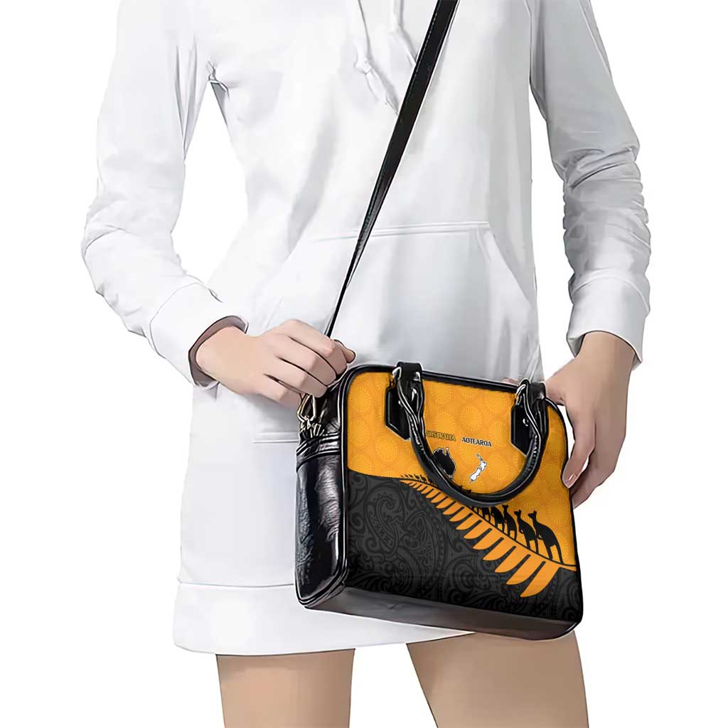 Australia New Zealand Rugby Shoulder Handbag Gold Aboriginal Wallabies and Maori Black Fern - Polynesian Pride