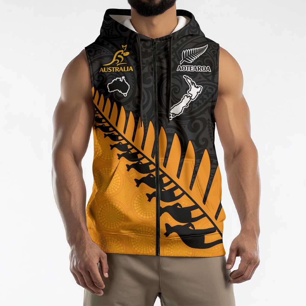 Australia New Zealand Rugby Sleeveless Zip Hoodie Gold Aboriginal Wallabies and Maori Black Fern LT9 - Polynesian Pride